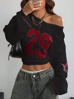 Women's Number Print Sheer Cropped Sweater Pullover, Casual Long Sleeve V Neck Jumper for Spring & Fall, Ladies Knit Top, Fas...