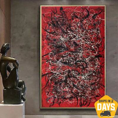 Jackson Pollock Style Paintings On Canvas Modern Red Abstract Urban Fine Art Handmade Wall Decor | SCARLET DREAMS 78.74"...