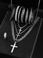 Men's Street Trend Cross Pendant & Cuban Chain Necklace, Rhinestone Decorated Chain Bracelet & Ring, Fashionable Jewelry Set ...