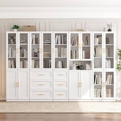 VOWNER Bookcase with Glass Doors & Drawers, 5 Tier Bookshelf with Adjustable Shelf,  Storage Display Cabinet, Home Offic
