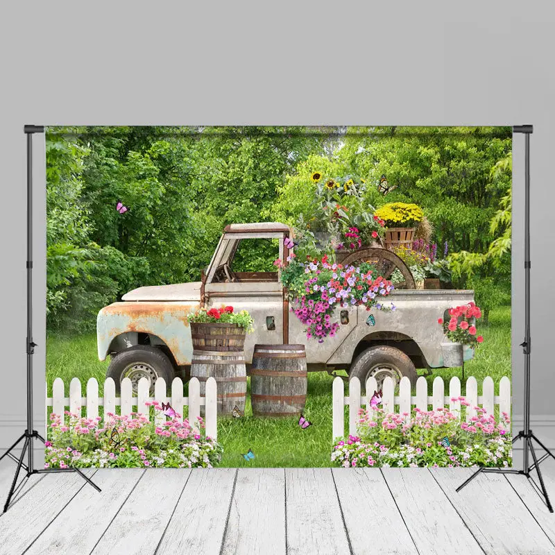 Color Floral Trees Old Truck Spring Picture Backdrop - Aperturee