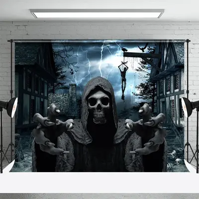 Scary Skeleton Dilapidated Village Halloween Backdrop - Aperturee