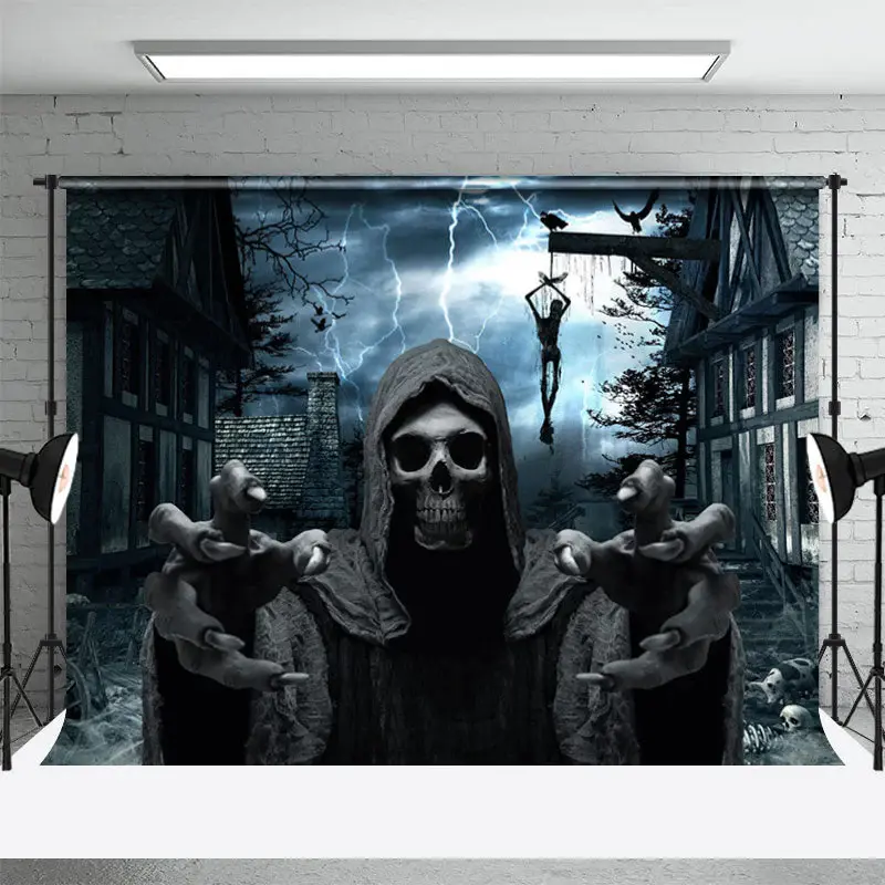 Scary Skeleton Dilapidated Village Halloween Backdrop - Aperturee