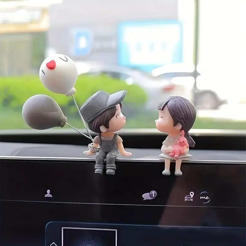 1 Pair Cartoon Couple Car Interior Ornament, Mini Cute Cartoon Couple Doll with Balloon Decoration, Car Interior Dashboard De...