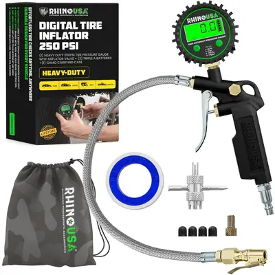 Rhino USA Digital Tire Pressure Gauge with Inflator (250 PSI) Professional Air Chuck & Air Compressor Attachments - High Pres...