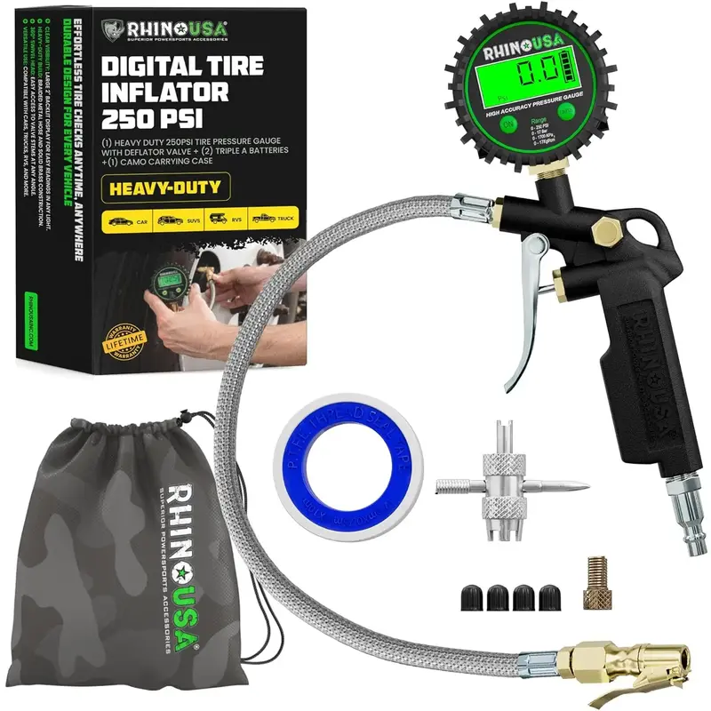 Rhino USA Digital Tire Pressure Gauge with Inflator (250 PSI) Professional Air Chuck & Air Compressor Attachments - High Pres...
