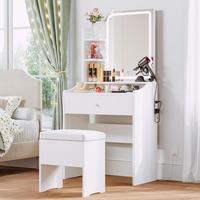 LIKIMIO Small Makeup Vanity Desk with Mirror & Lights, Modern Vanity Table Set with Storage Drawer, Chair & 3 Shelves -  Bedr...