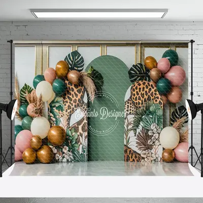 Balloons Tribal Monstera Leopard Cake Smash Backdrop - Aperturee