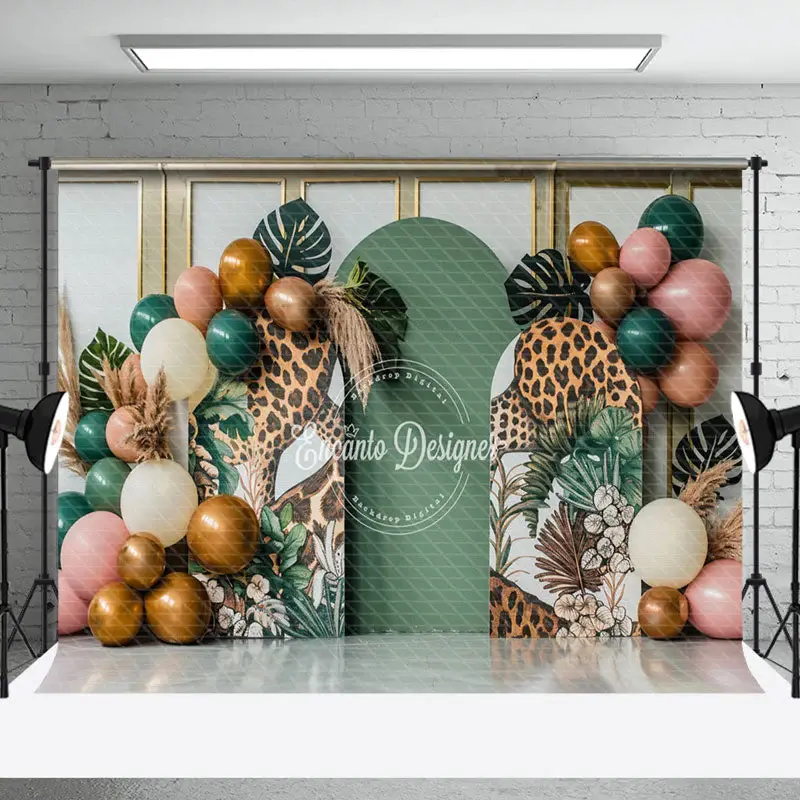 Balloons Tribal Monstera Leopard Cake Smash Backdrop - Aperturee