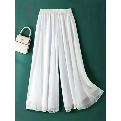Women'S Chiffon Wide Leg Pants, Solid Color, 9/10ths, Summer, Loose Fit, Slimming