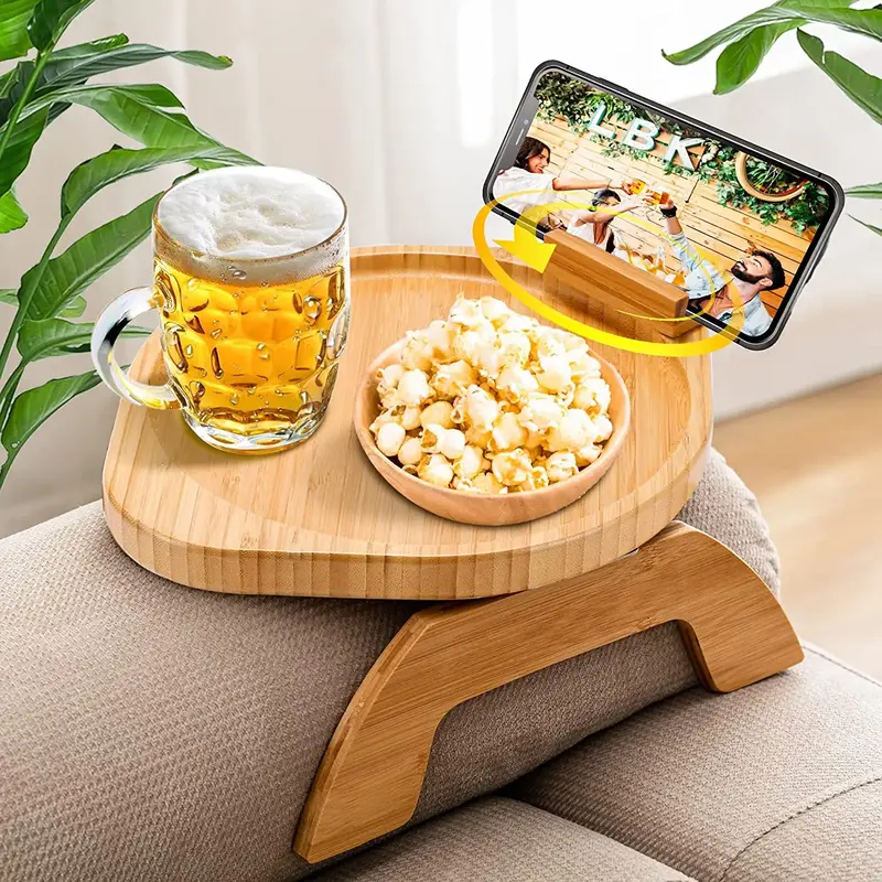 【On sale】Bamboo Sofa Arm Tray Table with Rotating Mobile Holder, Stable Armrest Clip-On Sofa Tray Table for Wide Couches,...