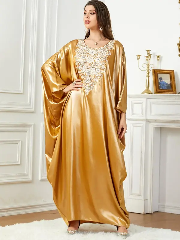 Arabic Clothing-Women's Rhinestone Decor Floral Embroidery Kaftan, Elegant Modest Batwing Sleeve Maxi Dress For Spring & Fal...