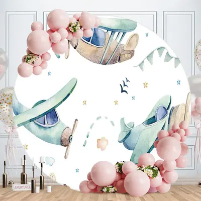 Aperturee Cartoon Plane Circle Happy Birthday Backdrop