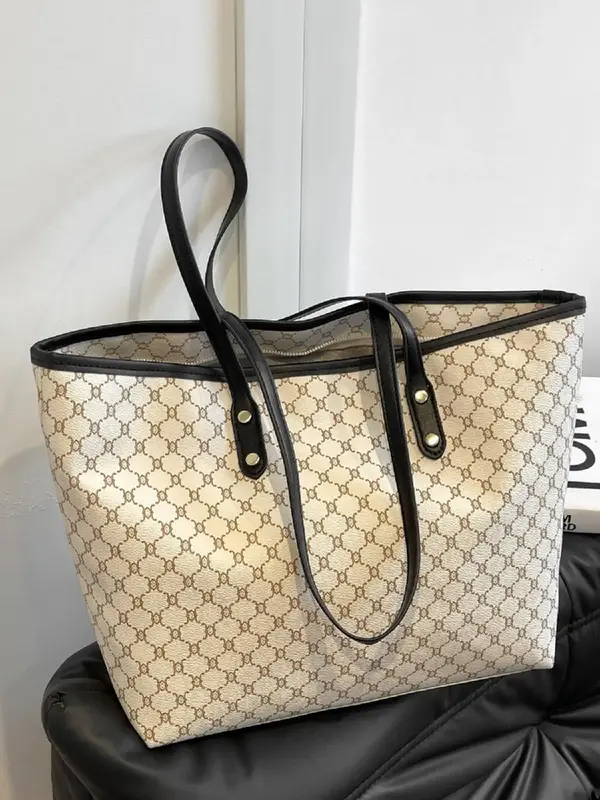 Women's Fashionable Contrast Binding Design Shoulder Bag, Casual Large Capacity Tote Bag for Work & Daily Used, Trendy All-ma...