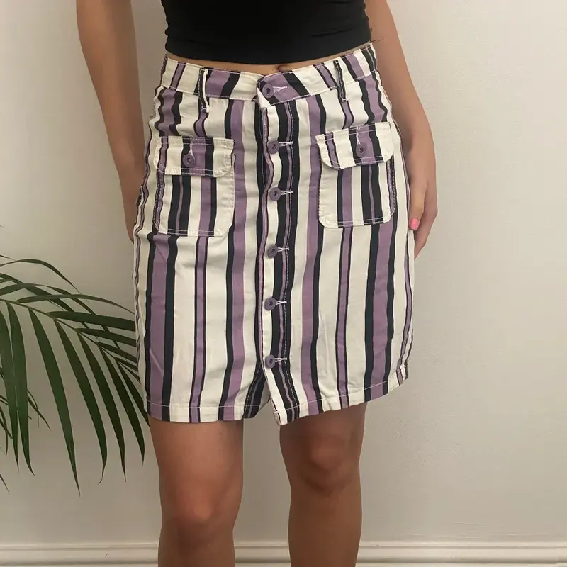 Unbranded Striped Mini Skirt - 27W UK 8 Purple Cotton