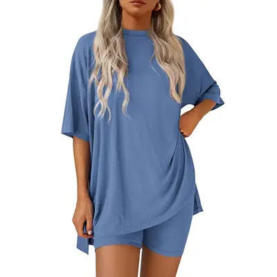 Women's Summer Two-Piece Set 2025 Casual Oversized Crewneck Split Hem Shirts & Side Pocket Biker Shorts Minimalist Lounge Wea...