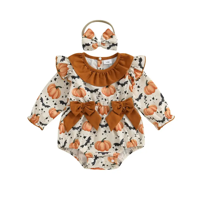 Baby Girls Halloween Romper Pumpkin Print Cute Bow Long Sleeve Jumpsuits and Cute Headband Set