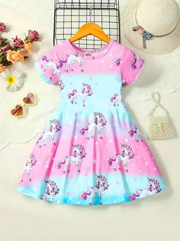 Girl's Cartoon Unicorn Print Short Sleeve Dress, Cute Casual  Fashion  Round Neck Dress for Summer, Kids Clothes for Daily We...