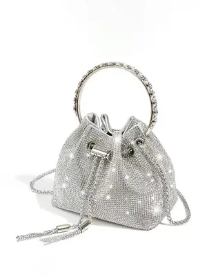 Women's Rhinestone Decorated Evening Bag with Round Top Handle, Crossbody Bag for Women, Elegant Shiny Tassel Chain Drawstrin...
