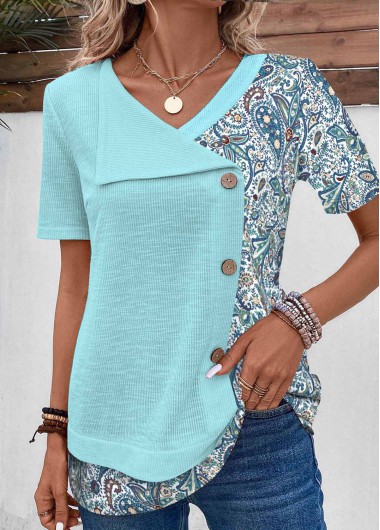 Modlily Light Blue Patchwork Tribal Print Short Sleeve T Shirt - XL