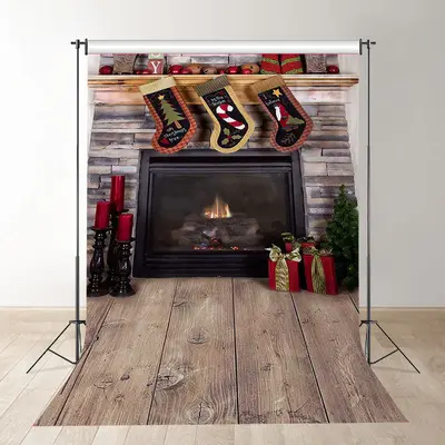 Aperturee Wooden Sock Fireplace Photobooth Christmas Backdrop