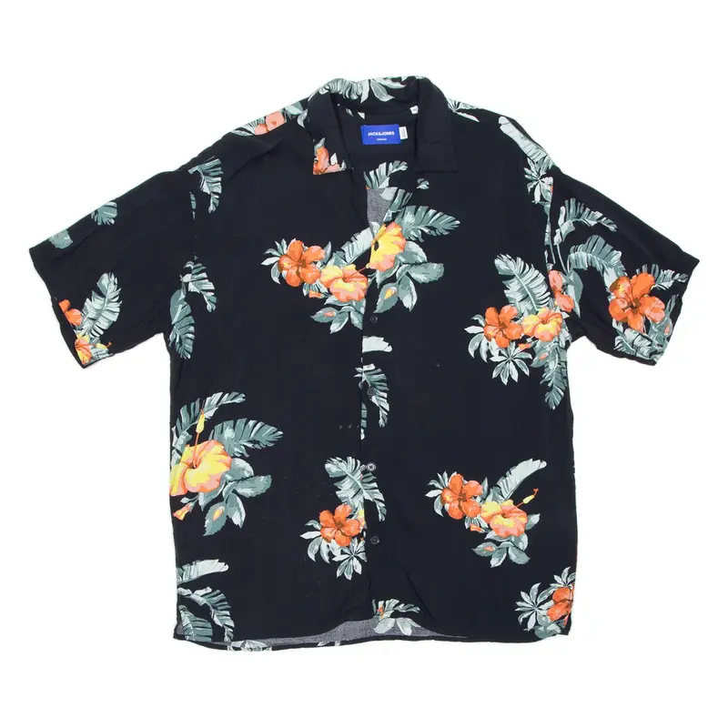 JACK & JONES Mens Hawaiian Shirt Black Floral M