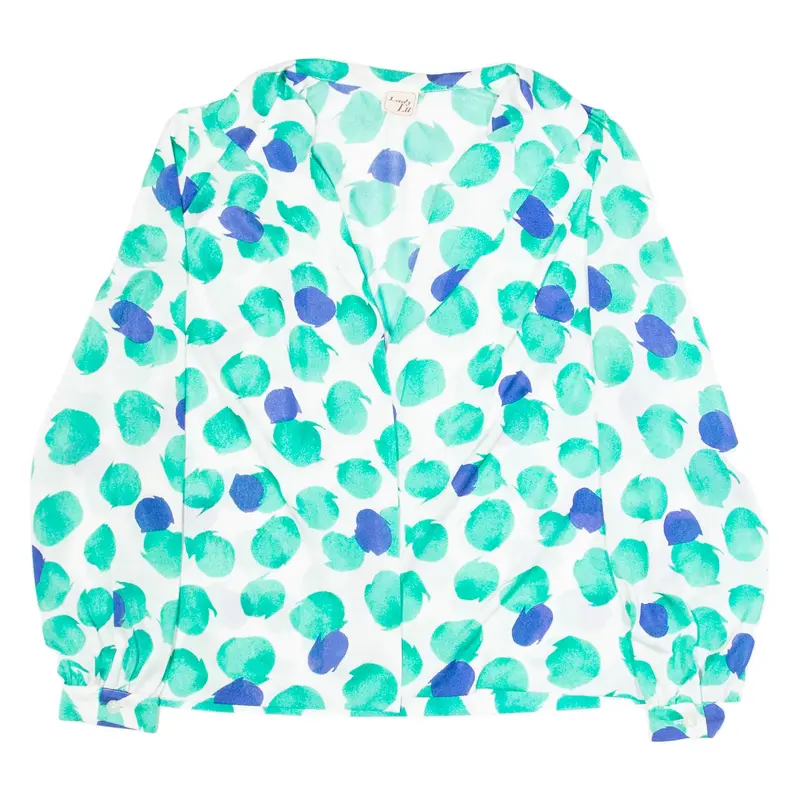 LADY LU Womens Wrap Blouse Green V-Neck Long Sleeve Spotted M