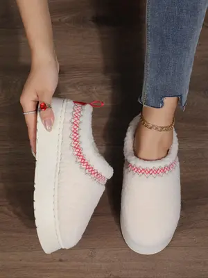 Women's Solid Color Plush Slippers, Casual Soft Comfortable Home Slippers, Fluffy Warm Slippers for Indoor & Outdoor Use for ...