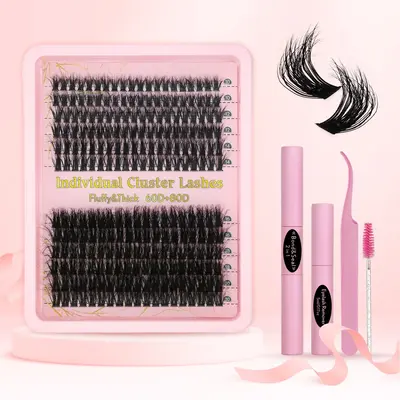 10-20mm Cluster Eyelashes Extensions, 1 Set Eyelash Cluster Kit with Tweezers, Glue, Remover & Brush, DIY Eyelash Kit