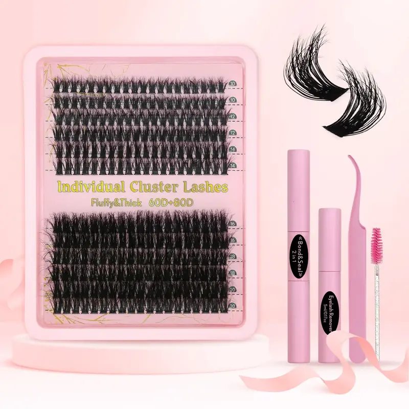 10-20mm Cluster Eyelashes Extensions, 1 Set Eyelash Cluster Kit with Tweezers, Glue, Remover & Brush, DIY Eyelash Kit