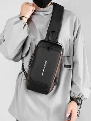 Men's Casual Plain Nylon Fabric Zipper Bum Bag, Lightweight Large Capacity Travel Crossbody Bag with USB Port, Trendy Bum B...