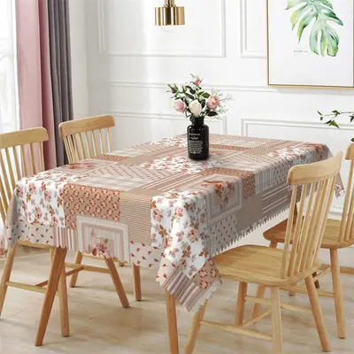 Pink Floral Splicing Plaid Rectangle Tablecloth - Aperturee