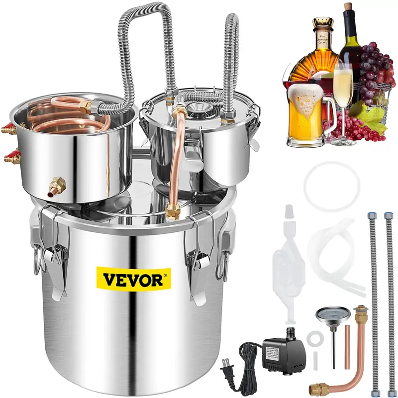 VEVOR Alcohol Still, Various specifications, Stainless Steel Water Alcohol Distiller Copper Tube Home Brewing Kit Build-in Th...