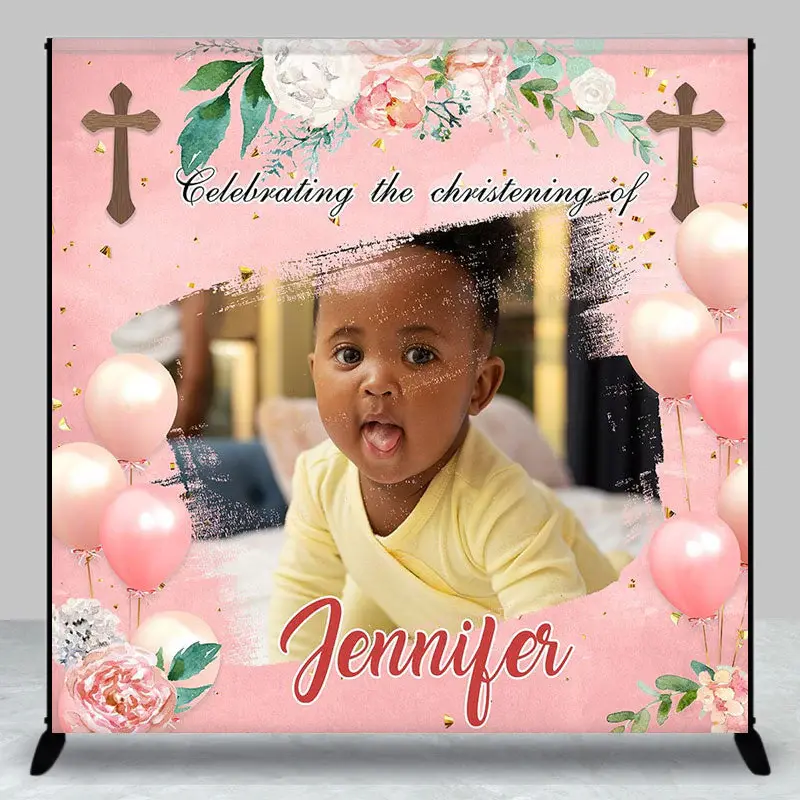 Personalized Floral Heart Balloon Baptism Backdrop - Aperturee