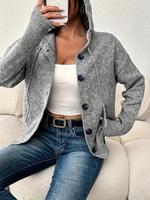 Women's Plain Button Front Drawstring Hooded Cardigan, Casual Drop Shoulder Long Sleeve Knitwear Tops for Fall & Winter, Wome...
