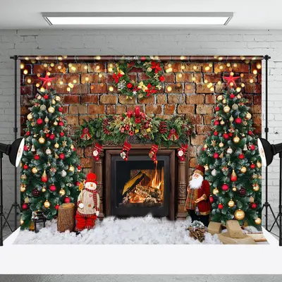 Aperturee Retro Bricks Wall Fireplace Trees Christmas Backdrop - Aperturee