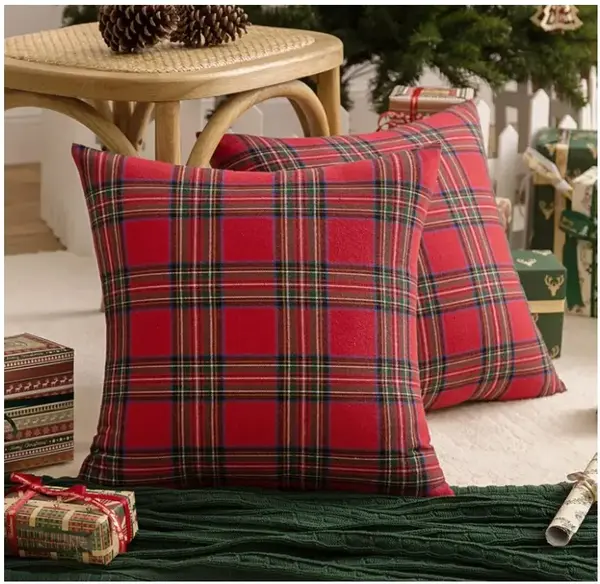 Pack of 2 Christmas Plaid Decorative Throw Pillow Covers Scottish Tartan Cushion Case for Farmhouse Home Holiday Decor Red an...