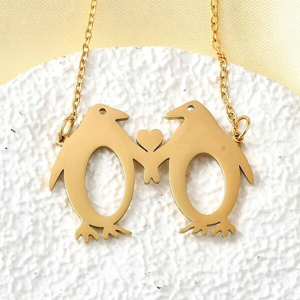 304 Stainless Steel Laser Cut Double Penguin Pendant Necklaces for Women Men