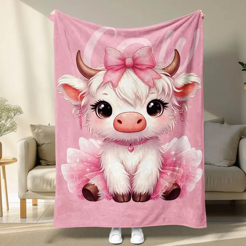 Cute Cartoon Cow Pattern Flannel Blanket, Soft Warm Kids Blanket for Sofa Camping Travel Holiday Home Decor Gift for Children
