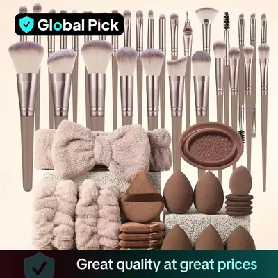 Global Pick Makeup Tool Set, 54pcs/set Makeup Brush & Sponge & Finger Powder Puff & Triangle Powder Puff & Brush Cleaning Bow...