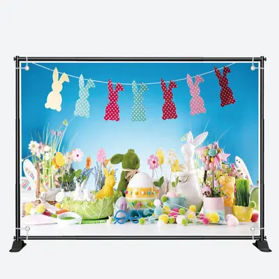 Colorful Trinkets Bunny Eggs Blue Easter Backdrop - Aperturee