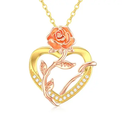 14K Yellow Gold Circular Cubic Zirconia Rose & Heart Pendant Necklace