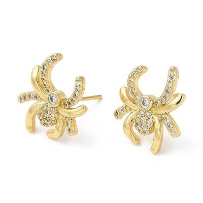 Rack Plating Brass Spider Stud Earrings with Cubic Zirconia