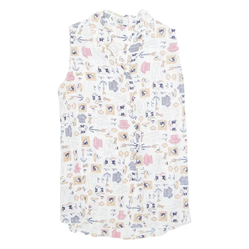 OUI SPORT Womens Printed Shirt White Collared Sleeveless Viscose Crazy Pattern M