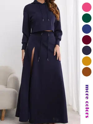 Women's Solid Drawstring Hoodie & Split Thigh Skirt Set, Long Sleeve Top & Pocket Long Skirt, Casual Fashion Cozy Co-ord Set,...
