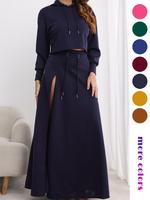 Women's Solid Hoodie & Split Thigh Skirt Set, Long Sleeve Fitted Hooded Neckline Drop Shoulder Sleeves Top & Pocket Long Skir...