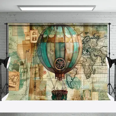 Vintage Paper Hot Balloon Map Backdrop For Party - Aperturee