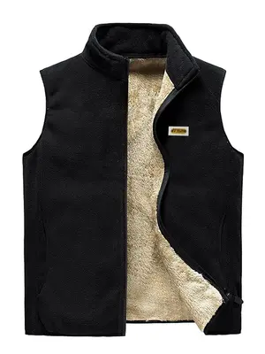 Men's Thermal Lined Zip Up Vest Jacket, Regular Fit Casual Sleeveless Stand Collar Coat, Patched Letter Winter Jacket, Street...