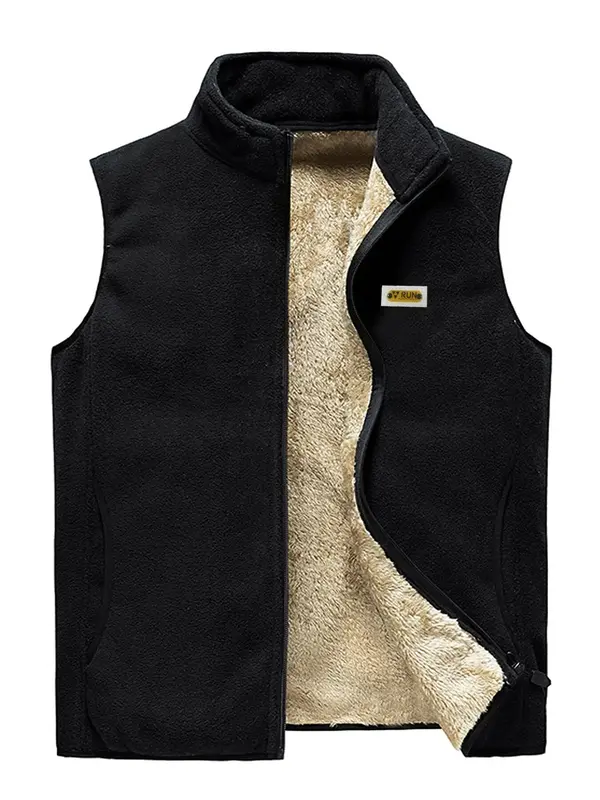 Men's Thermal Lined Zip Up Vest Jacket, Regular Fit Casual Sleeveless Stand Collar Coat, Patched Letter Winter Jacket, Street...