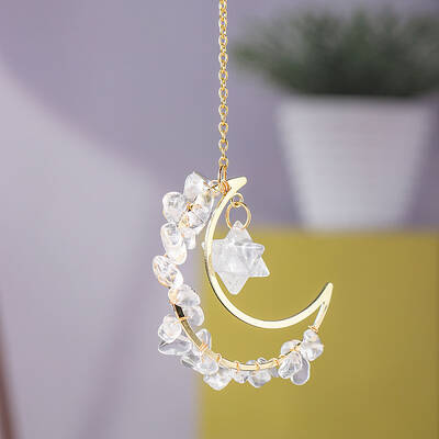 Natural Quartz Crystal Chip Wire Wrapped Metal Moon Hanging Ornaments